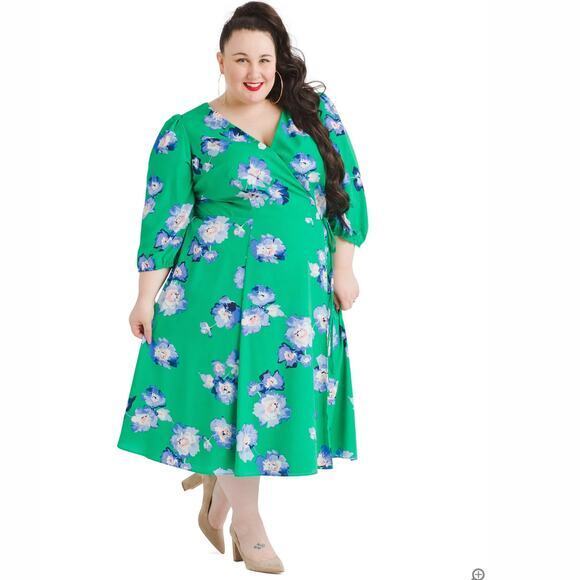Eliza J Blue And Green Floral Faux Wrap Midi Dress, plus size 22W - Picture 15 of 15
